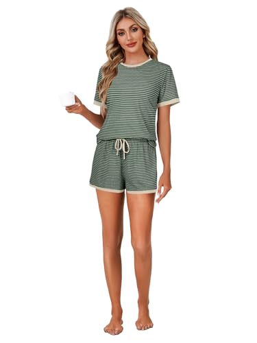 Image of LYANER Pajama Set for Women 2 Piece Lounge Set Striped Crew neck Short Sleeve Tops and Shorts Soft Sleepwear