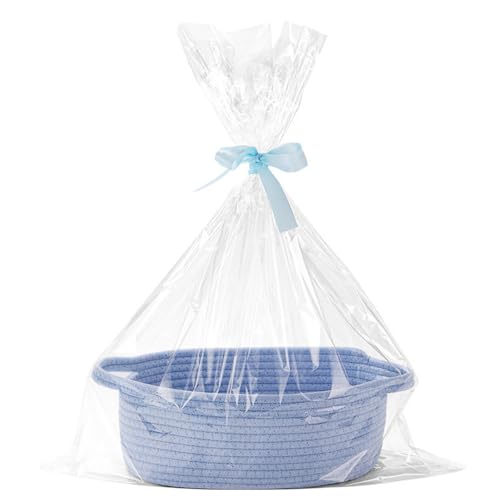 Hiseng Panier Cadeau Vide, Panier de Rangement Tissé en Corde de Coton avec Sacs cadeaux Transparent et Ruban, Panier Vide avec Poignées pour Cadeaux de NoëL, Fleurs, Artisanat (Bleu Clair)