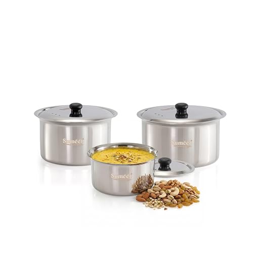 Image of Sumeet ISI Certified HeavyPly Premium Stainless Steel Cross Edge Induction & Gas Stove Friendly Patila /Bhagona /Container /Tope /Cookware Set of 3 Pcs with Lids - 1150ml / 1400ml / 1900ml