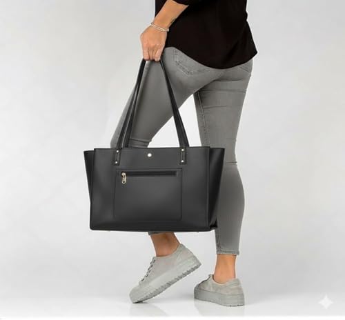 Image of tote bag for women office use - Brown Vegan Leather Tote Bag for Work-Office, Laptop 15-inch Fully Embossed Shoulder Handbag Stylish & Durable