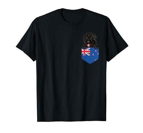 New Zealand Flag Bouvier des Flandres Dog In Pocket T-Shirt, Black