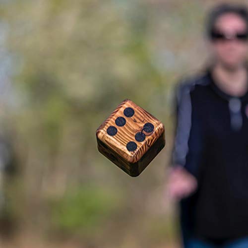 Yard Dice Giant Wooden Yard Game, 6 Solid 3.5" Wood Dice, Storage Bag, optional 5PK 5"x7" Yardzee and Yarkle Dry Erase Score cards, Great for Weddings, family reunions, Backyard BBQs and more