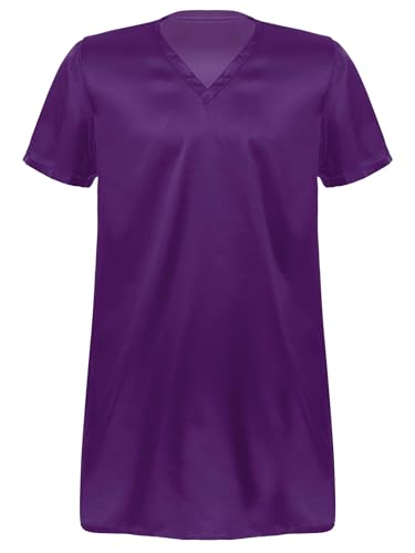 Linjinx Men's V Neck Silk Satin Nightshirt Loose Short Sleeve Soft Pull-Over Nightgown Night Shirts3