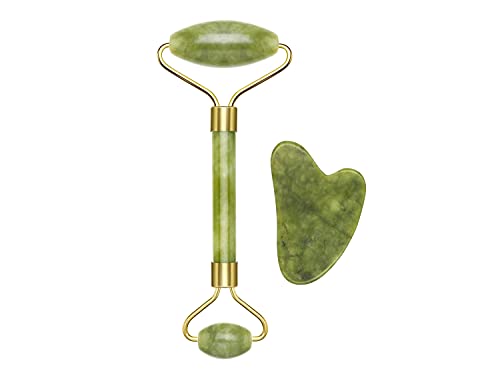 BEPER C301ABE101 Rodillo y piedra Gua Sha en jade, Jade Roller & Gua Sha Massagge Tool, Masaje facial y corporal, Relajante, Remodelación y Edad, Verde