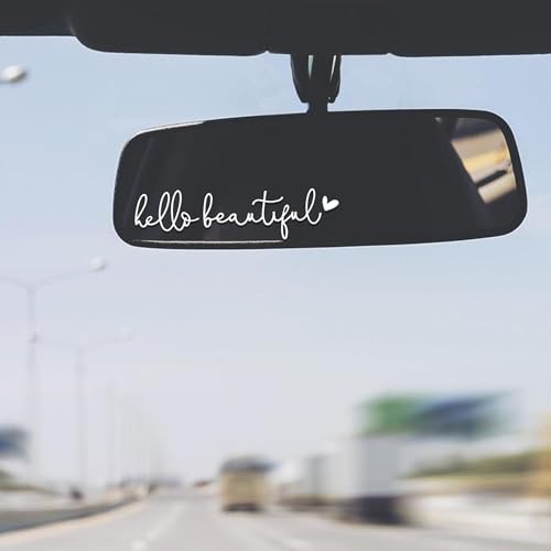 Image of Miarita 3X Hello Beautiful Rearview Mirror Decal, Cute Car Decals for Women, Car Stickers and Decals, Rear View Mirror Sticker, Rearview Mirror Accessories (Hello Beautiful White)