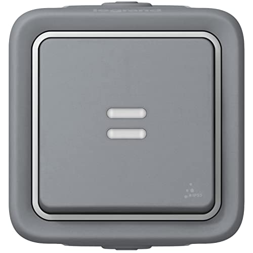 Legrand 069712 Interrupteur ou va-et-vient Témoin Étanche, Plexo Complet Saillie, 10AX, 250V, Gris