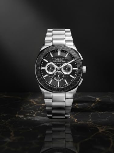 Image of French Connection Textured Black Round Dial with IP Stainless Steel Metal Strap Multifunction Watch - for Mens FCH27BSM