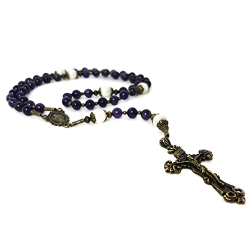Beautiful Amethyst and Mother of Pearl Stone Rosary Beads Catholic for Women With Virgin Mary Our Lady of Graces Medal Centerpiece - Catholic Rosary - Rosarios Catolicos Para Mujer - Catholic Gifts Women - Rosario Regalos Para Mujer - Rosary Necklace for Women3