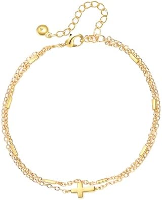 Dainty Gold Bracelets for Women Non Tarnish - 18K Gold Cross Pear...