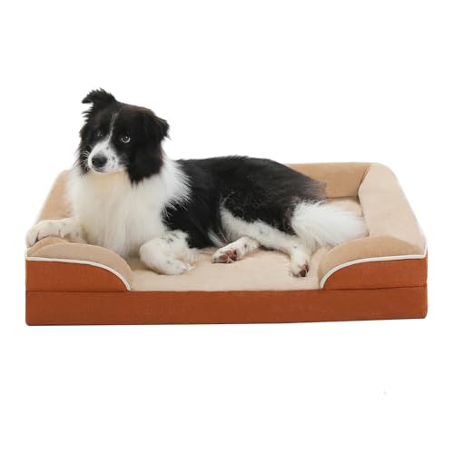PAWZ Road Großes Hundebett, waschbar, orthopädisch mit abnehmbarem Flanellbezug und Reißverschluss, Hundesofa für große Hunde, 2-lagiges wasserdichtes Hundebett Khaki, 89x63x16cm