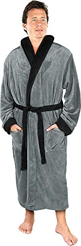 NY Threads Luxurious Mens Shawl Collar Fleece Bathrobe Spa Robe (Small Medium, Steel Grey with Black Contrast)