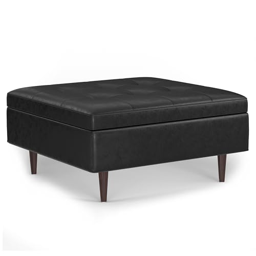 SIMPLIHOME Shay 38 inch Wide Mid Century Modern Large Square Coffee Table Storage Ottoman in Distressed Black Vegan Faux Leather, Assembled, for The Living Room and Entryway