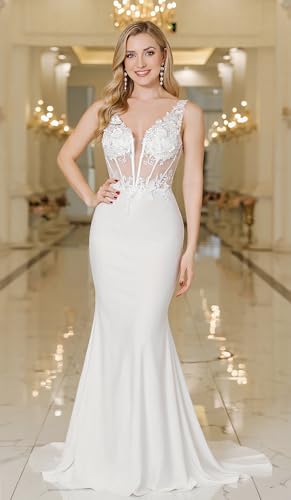 MisShow Boho Lace Corset Wedding Dresses for Bride 3D Flower Applique V Neck Mermaid Beach Bridal Gowns3