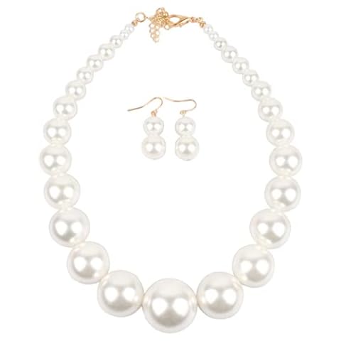 Borsgye Pearl Strand Choker Necklaces Pearl Statement Round Beads Necklace Bib Big Simulated Pearl Women's Faux Pearl Choker 20s Flapper for Brides Wedding Anniversary with Earrings - 8052 Cover