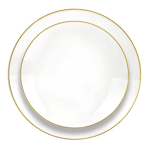 Élégant Ensemble d'Assiettes Réutilisables, Couleur au Choix avec Bordure Dorée, 16 Pièces, Grande 23cm-Petite 19cm,Plastique PVC Brillant, Lavable au...