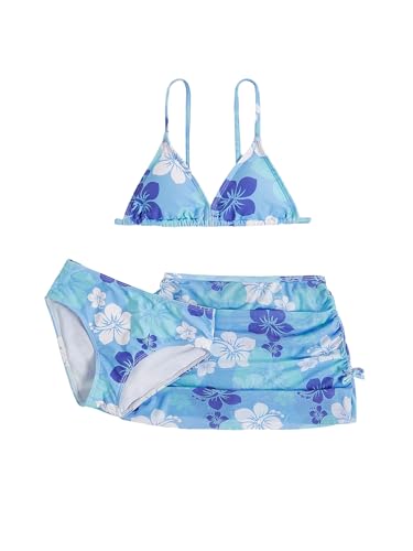 Girl's 3 Piece Floral Print Bikini Y2K High Cut Triangle Swimsuit Bathing Suit with Cover Up Beach Skirt