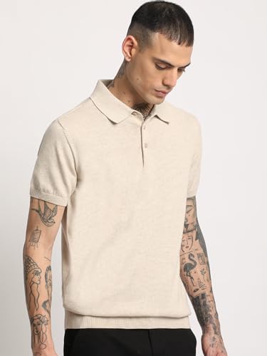 Image of Men Blue Solid Regular Fit Polo Collar T-Shirt