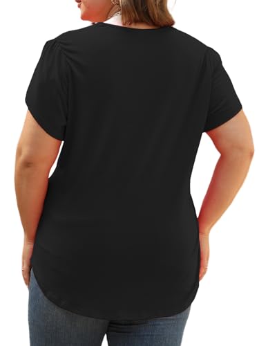 Plus-Size-Womens-Summer-Tops 2024 Lace Trim V Neck T Shirts Petal Short Sleeve Tunics Trendy Going Out Blouses XL-5XL3