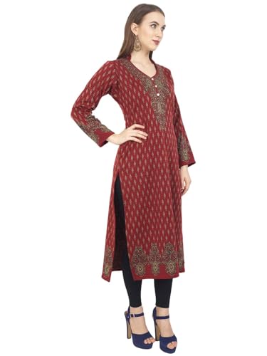 Image of Rosary Women's Winter Wear Jacquard Woolen Straight Kurti with 2 Side Pockets