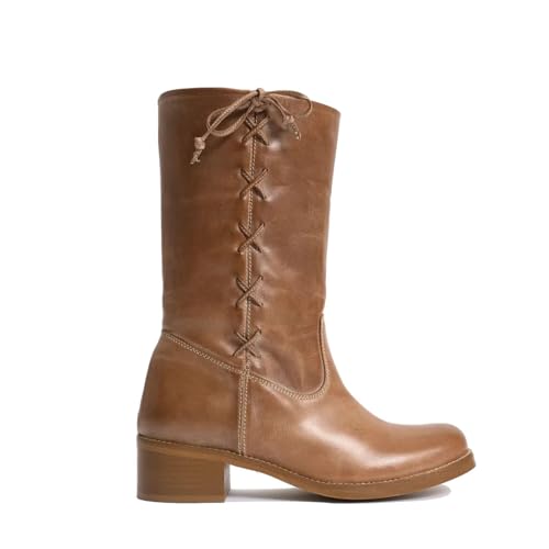 Agodor Campus Mid Calf Boots for Women Side-Lace Vintage Banane Riding Boots with Bow Round Toe Chunky Block Low Heel Pull On Fall Winter Boot