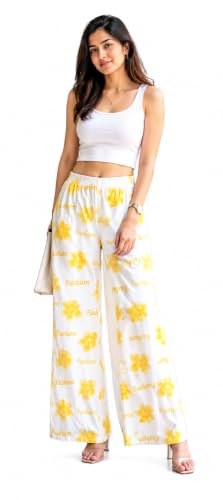 Image of Women's White Yellow Floral Print Wide Leg Palazzo Pants