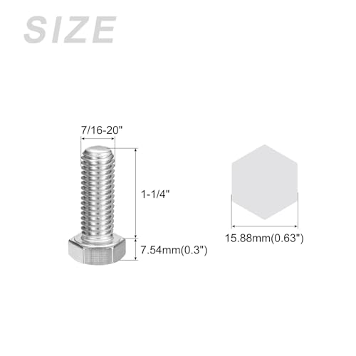 Image of METALLIXITY Hex Head Bolts (7 /16-20 x 1-1 /4 inch) 6Pcs, 304 Stainless Steel 18-8 Fully Threaded, External Hex Drive, Plain Finish, Hex Head Screw Bolt, Silver