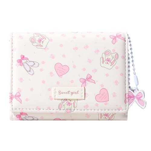 Small Wallet Bunny Floral Heart Coquette Bow Print Wallet with ID Credit Card Slots for Women Girls (CREAM)