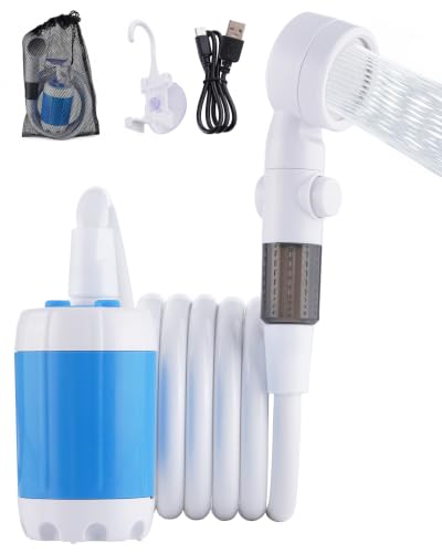 Subtoy Portable Camping Shower Pump USB-C Rechargeable Shower Head Sprayer with 3 Modes Pumps Water from Bucket Shower Pump for Travel RV Pet Bath Beach and Emergency Use (+ Mesh Bag)