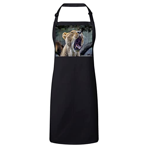 Tablier cuisine premium noir motif lionne Afrique élégance et confort