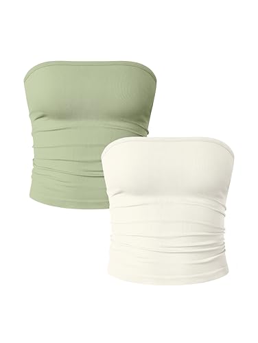 OQQ Damen Tube Tops 2er Pack Ohne Ärmel Slim Fit Camilose Top Cropped Oberteil Tank Top für Damen Grün Beige