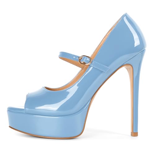 Image of SAMMITOP Women's Peep Toe High Heels Platform Stiletto Pumps Patent Mary Jane Heels 5.5 inch Party Wedding Dress Shoes