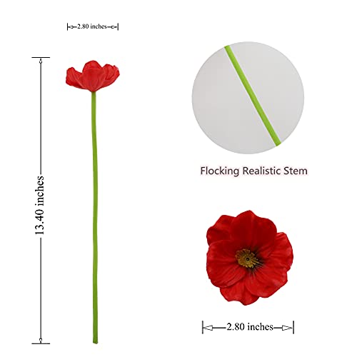Decpro 12 Pcs Artificial Poppies, 13'' Realistic Latex Poppy Flocking Long Stem Flowers For Home Wedding Party Decor, Floral Arrangements, Centerpieces(Red) #TOP6