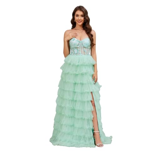 Tiered Tulle Prom Dresses Long Ball Gown A-Line Ruffle Strapless Corset Sparkly Formal Evening Dress with Slit