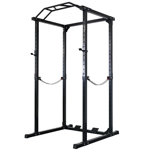 Fitvids Multi-Function Adjustable Power Cage with J-Hooks Safety Straps and Optional LAT Pulldown Attachment and Cable Crossover Power Cage Only Black