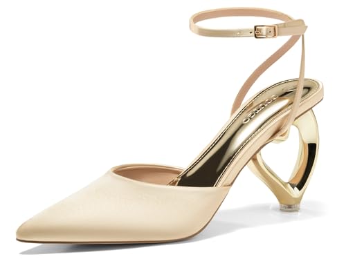 Coutgo Womens Kitten Heels Closed Pointed Toe Heart Heel Ankle Strap Satin Pumps Wedding Prom Dress Shoes