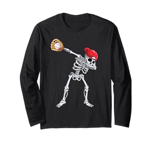 Dabbing Skeleton Baseball Halloween Player Catcher Pitcher Manga Larga