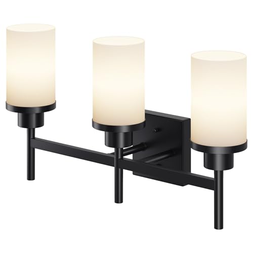 AONEON Bathrom Light Fixtures Matte Black 3 Lights Over Mirror, Wall Sconces Lighting with White Frosted Glass Shade for Toilet Washroom Bath T001MB-L3