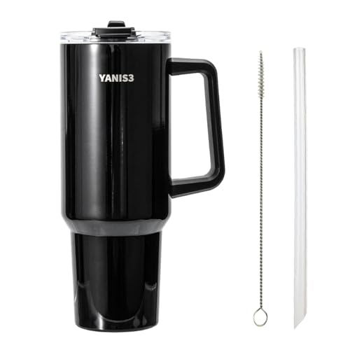 Yanis3 39 oz Stainless Steel Car Cup, Mug with Straw, Large Capacity Insulated Tumbler with Handle, Double-Wall Vacuum Thermal Cupwith Leak-Proof Lid, Perfect Use for Camping, Car, Office (Black)