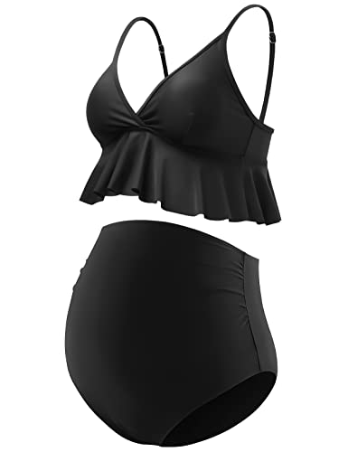 GINKANA Schwangerschafts-Bikini-Set, Volant, Badeanzug, Oberteil, Bademode, Unterteil, Pure Black, Medium Cover