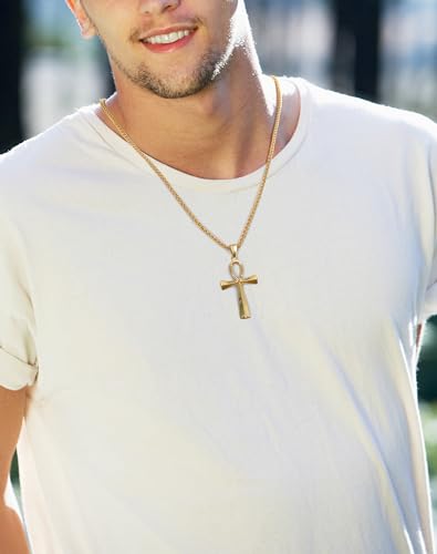 Stainless Steel Cross Ankh Necklace Men Women - 18K Gold Plated Crucifix Bible Verse Philippians Pendant - Christian Egyptian Religious 3mm Rolo Chain Jewelry Present3