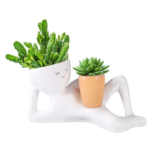 Lyreh Lazy Guy Pflanzgefäß, 23x11cm Kunstharz Lustiger Liegender Blumentopf Innenbereich Süßer Sukkulententopf Smile-Gesicht Praktische Dekoration für Büro Schreibtisch Balkon Innenhof (Weiß)