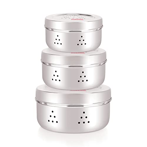 Attro Stainless Steel Hole Dabba With Air Ventilation, Food Storage Containers, Puri, Dhaniya, Sprout Maker, Dryfruits, Chocolates, Set Of 3 - Silver