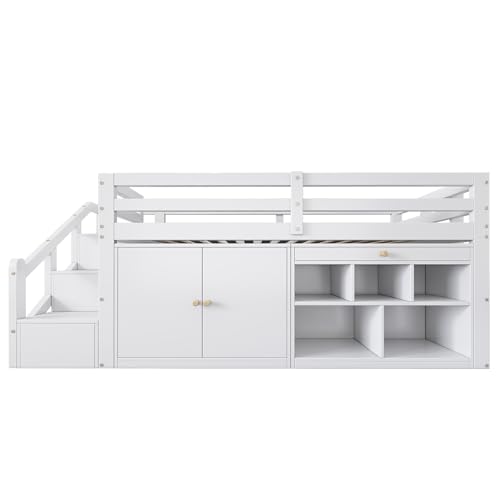 Kinderbett 90x200 Einzelbett, Hochbett mit Stauschrank, Schreibtisch und Treppe, Regal & Schubladen & Schließfach, Holzbett Stauraumbett Funktionsbett Jugendhochbett mit Lattenrost,Ohne Matratze,Weiß
