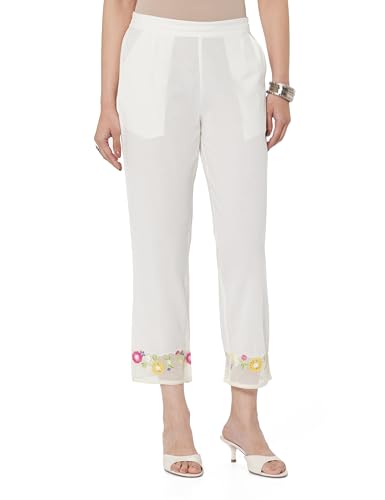 Image of White Cotton Pants with Embroidered Mesh Hemline