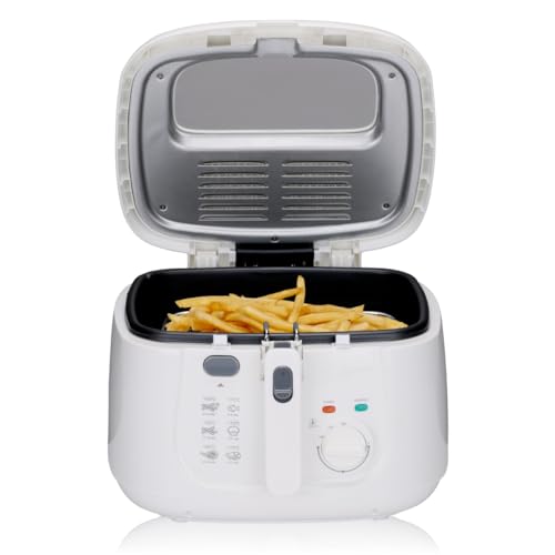 alpina Friteuse 2,5L DF-165 - Friteuse mit Fett 1800W - Einstellbare Temperatur bis 190°C - für 2 bis 3 Personen - mit Antihaftbeschichtung und Kontrollleuchte - Weiß, Weiss