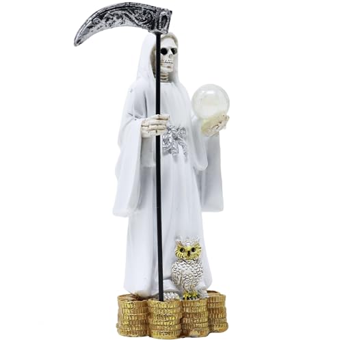 Estatua Santa Muerte 5 pulg con búho y base de monedas miniatura 2