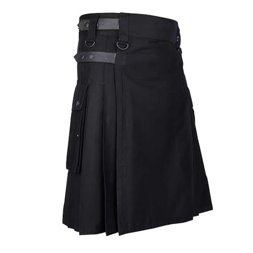 BaronHong Tartan Utility Kilts für Herren, Tartan Kilt mit Riemen und großen Cargotaschen (schwarz (Leder), 3XL)