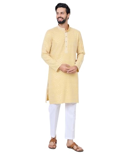 Image of See Designs Men's Full Sleeve Mandarin Collar Embroidered Thread Work Sequinned Rayon Straight Long Kurta - Festive Collection