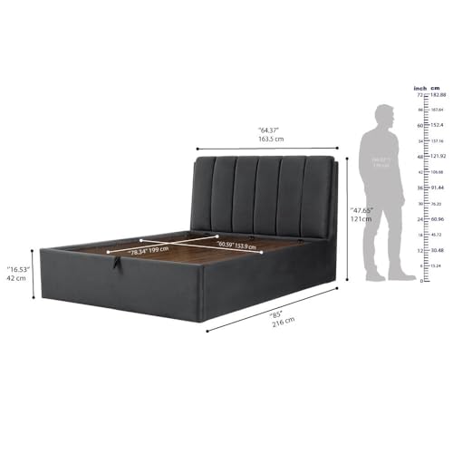 Image of Wakefit Bed | Queen (78 X 60) Solid Wood Bed, Upholstered, Hydraulic, 3 Year Warranty - Antho - Velvet Space Grey