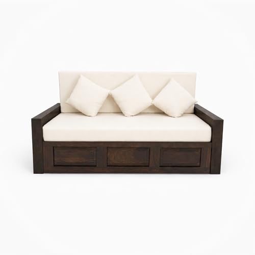 Image of SONA ART & CRAFTS Regal Sheesham Wood 3 Seater Sofa Cum Bed Without Bedside | Wooden 3 Seater Sofa for Living Room Wooden Furniture Sofa Bed for Home (Walnut Finish)